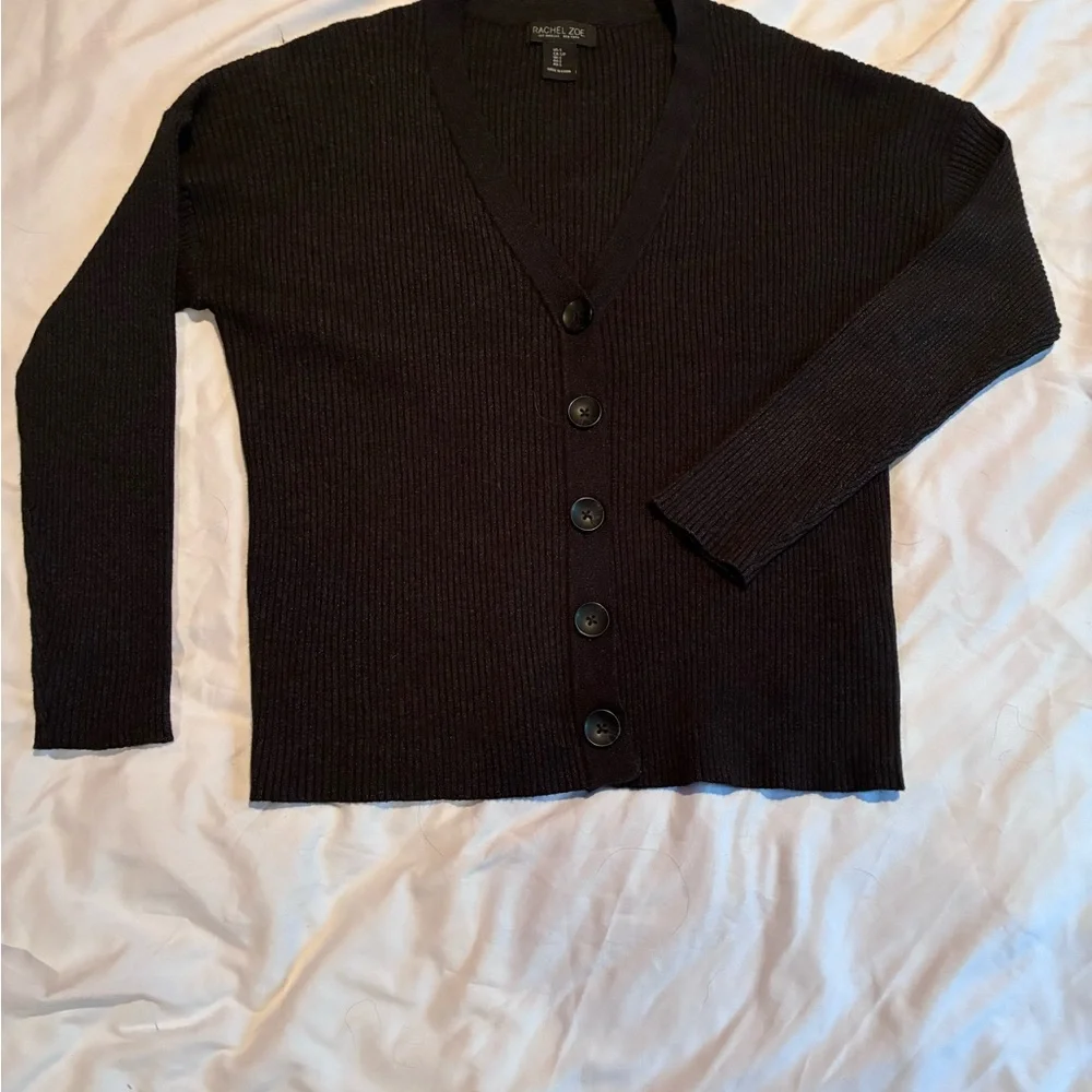 Rachel Zoe Women’s Black Ribbed Button Close Cardigan, Size S